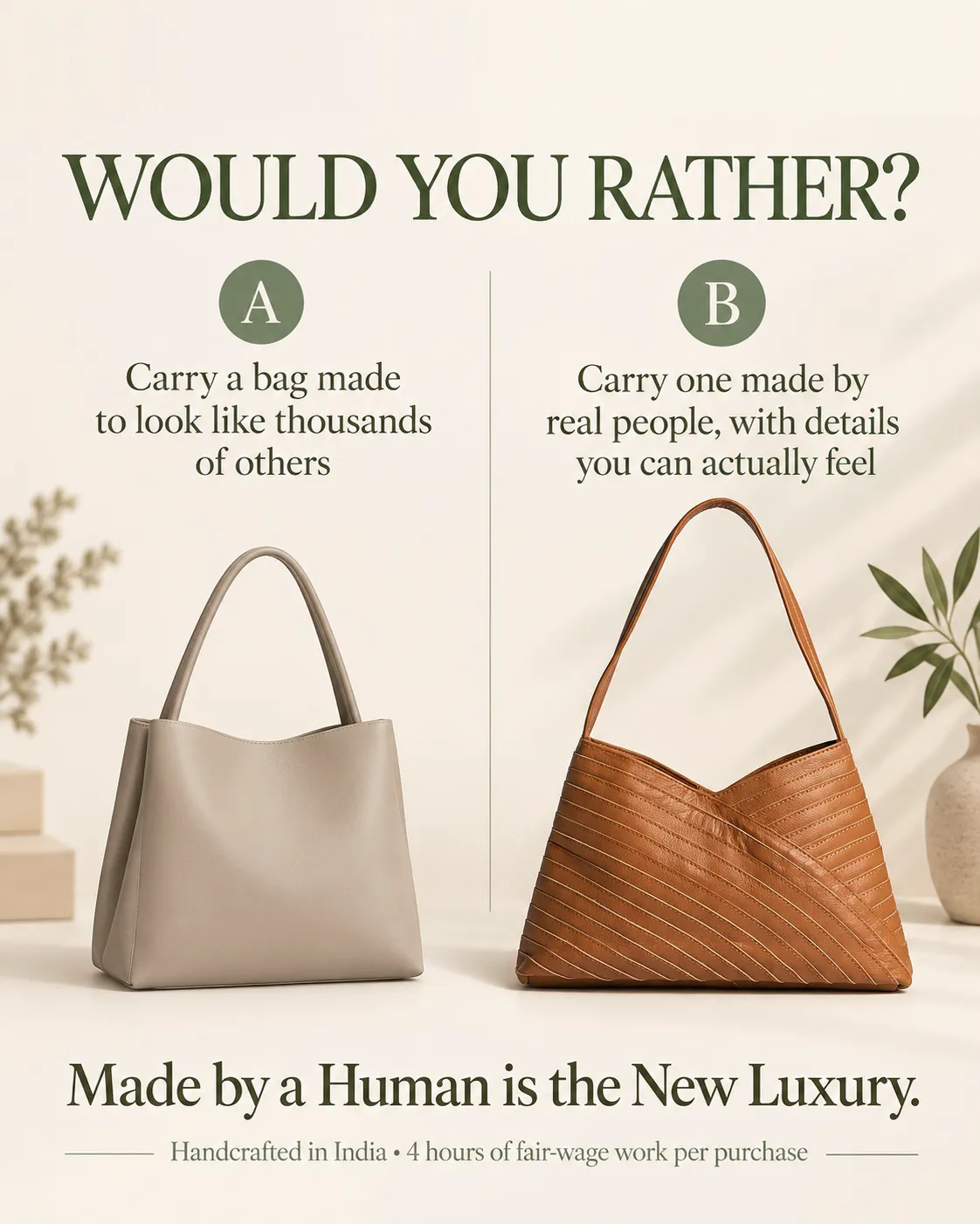 Static ad comparing a plain mass-produced bag with a handmade leather bag under the headline "Would you rather?"